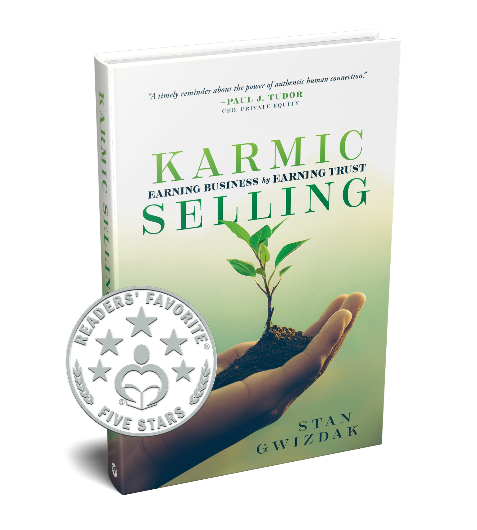 Karmic Selling front cover with a reader's favorite five stars badge on top: book cover contains an image of a hand holding dirt and a growing sprout